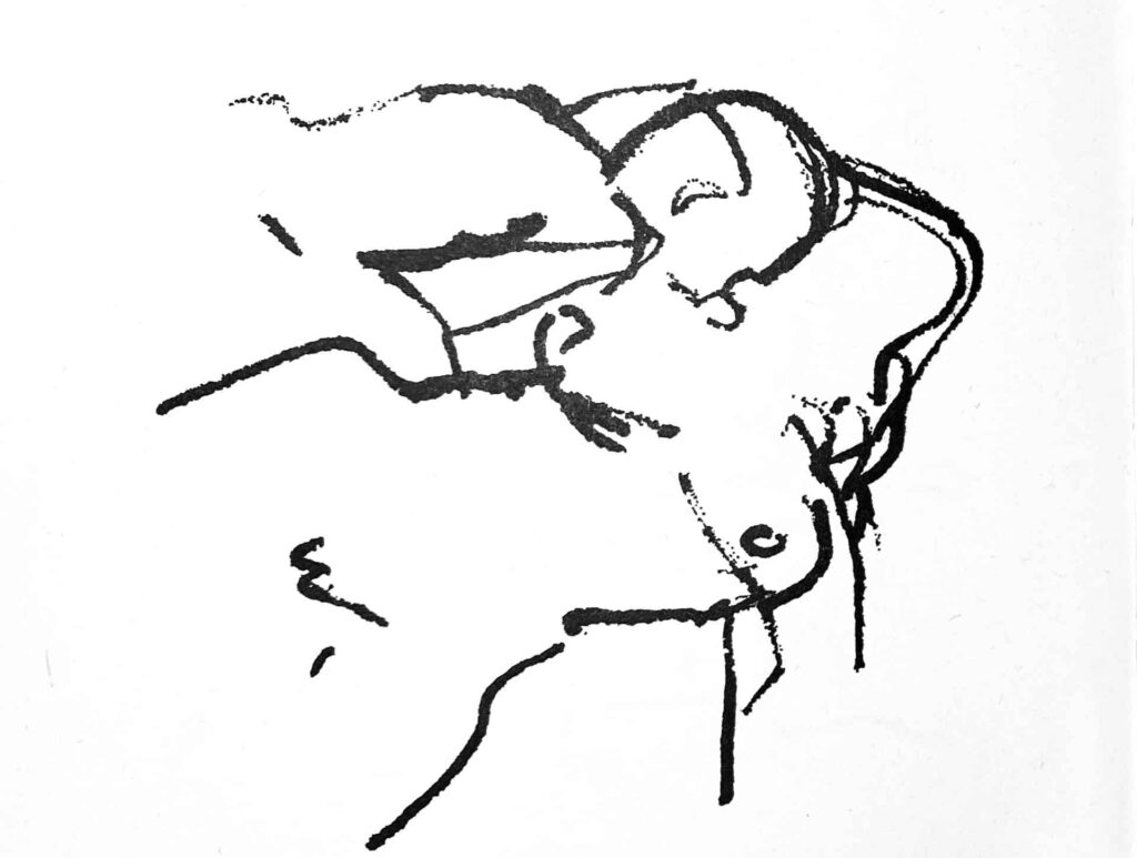 Dessin au trait d’un corps allongé, par Eric Johannesson.